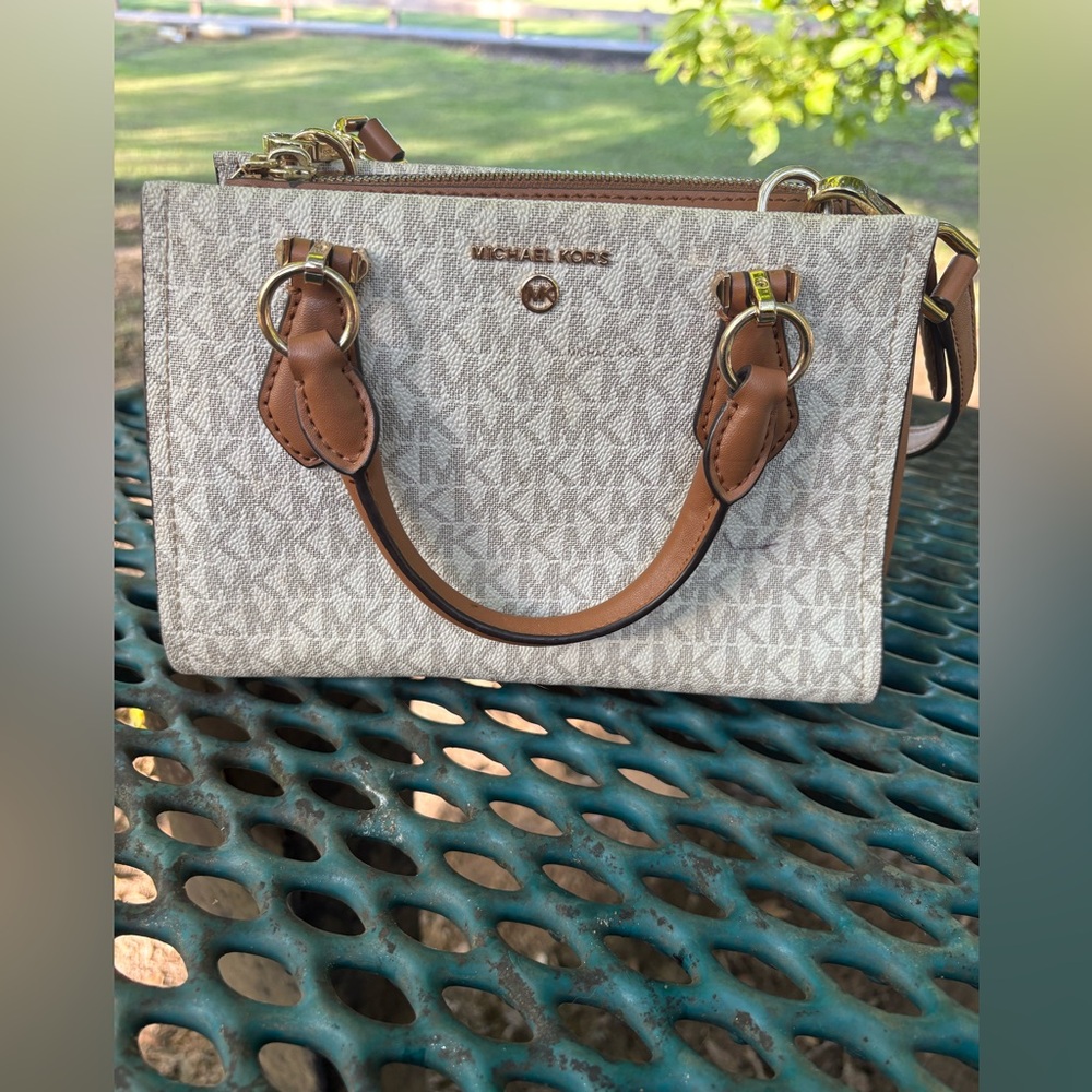 Michael Kors Cream and Brown Satchel with Signature Monogram